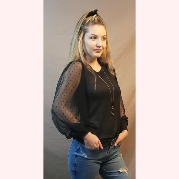 Black Sheer Balloon Sleeve Swiss Dot Soft Shirt - Picture 3 of 6